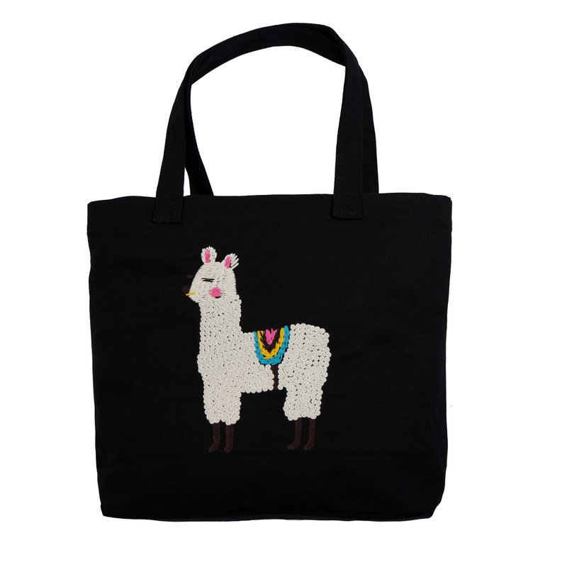 Snowy alpaca embroidery tote bag - กระเป๋าถือ - ผ้าฝ้าย/ผ้าลินิน สีดำ