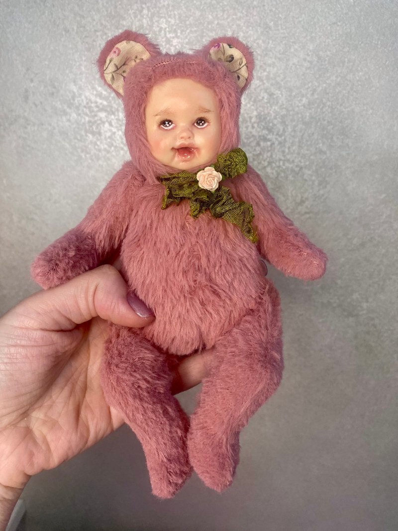 Teddy Doll Ooak Baby Bear - Stuffed Dolls & Figurines - Cotton & Hemp Pink