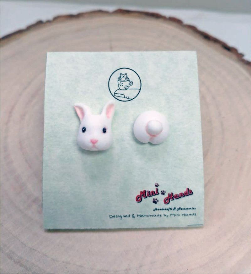 全手作 白色兔子 耳環 - 耳環/耳夾 - 黏土 咖啡色