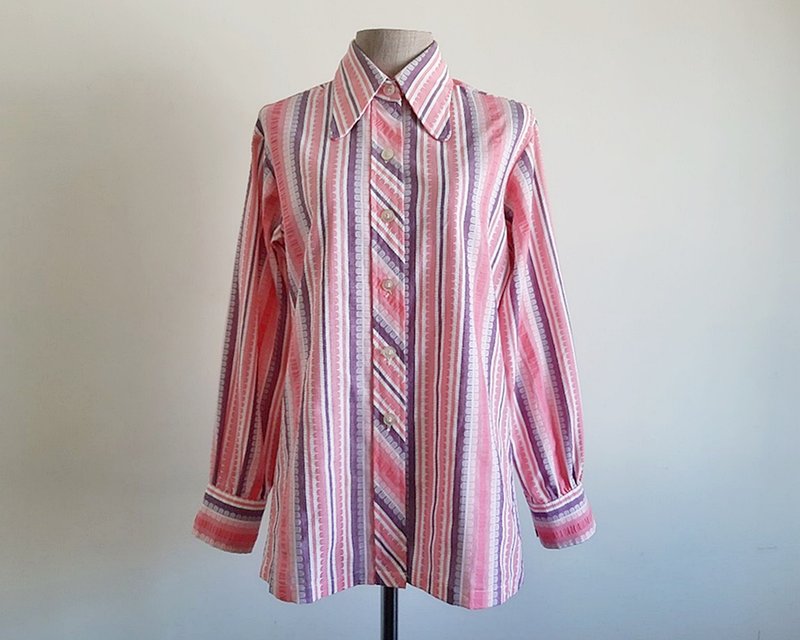 Vintage Purple Pink Striped Shirt - เสื้อผู้หญิง - ผ้าฝ้าย/ผ้าลินิน สึชมพู