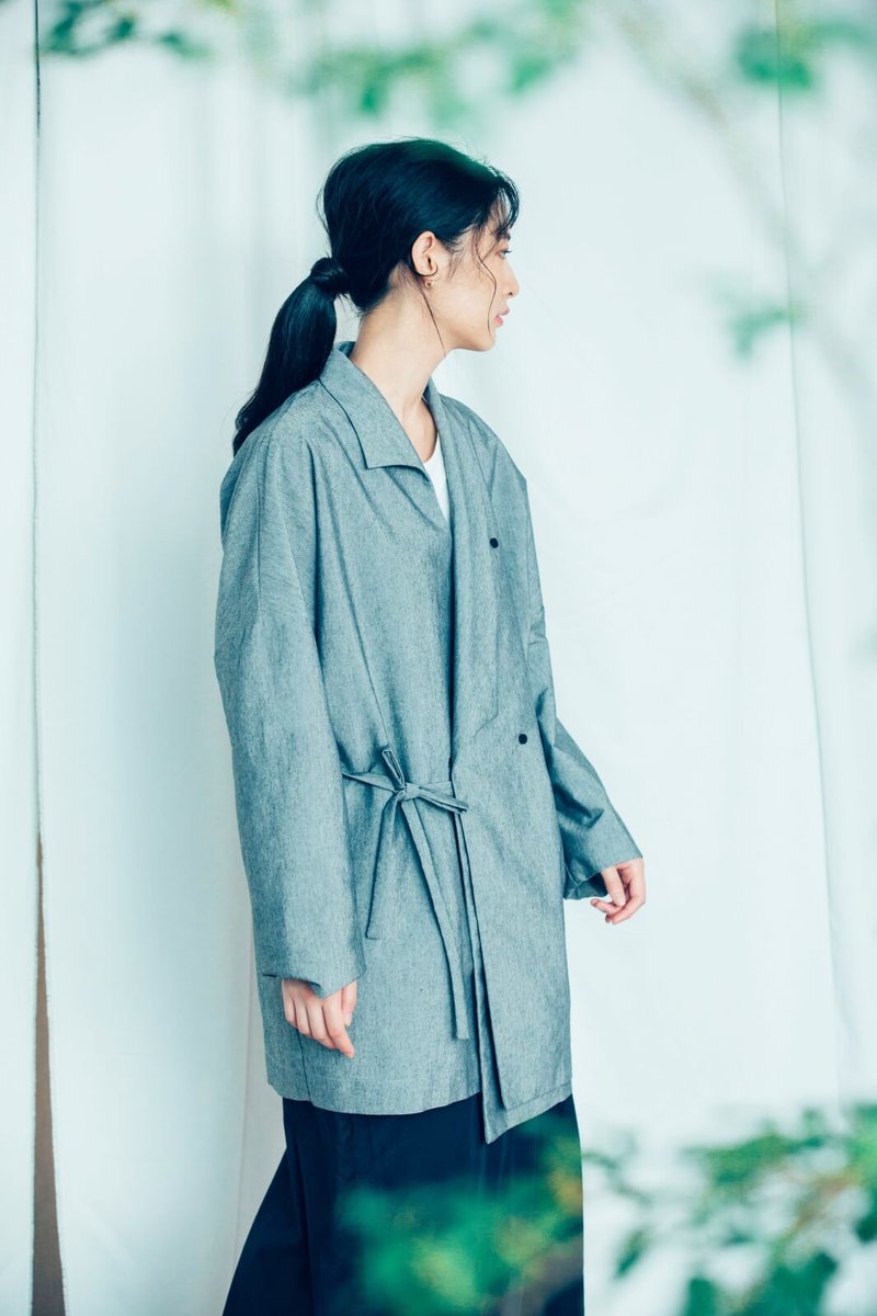Empty set tie coat (black/gray) Organic Cotton - เสื้อฮู้ด - ผ้าฝ้าย/ผ้าลินิน สีเทา