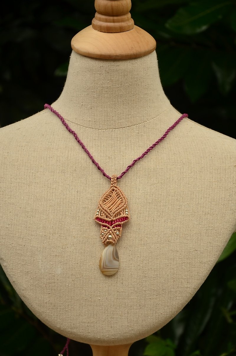 天然水晶-瑪瑙-手制編繩項鍊 - 項鍊 - 寶石 粉紅色