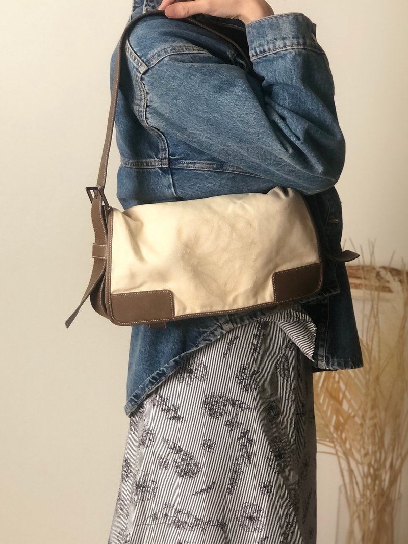 【 日本直送　名牌中古包 】LOEWE ロエベ ショルダーバッグ ベージュ アナグラム キャンバス ワンショルダーバッグ vintage オールド u8w446 - 側背包/斜背包 - 棉．麻 咖啡色