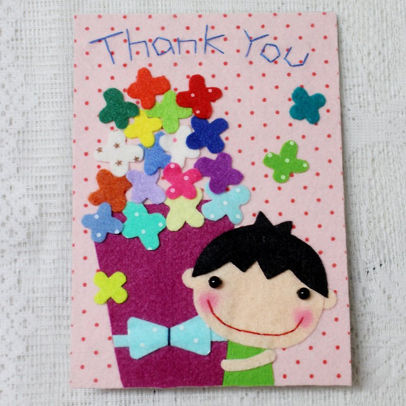 Handmade non-woven card _ thank you card (boy hug flower) - การ์ด/โปสการ์ด - กระดาษ 