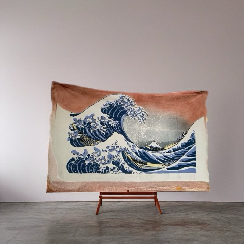 雲南札染掛飾掛布/浮世繪風格/富士山 - 壁貼/牆壁裝飾 - 棉．麻 藍色