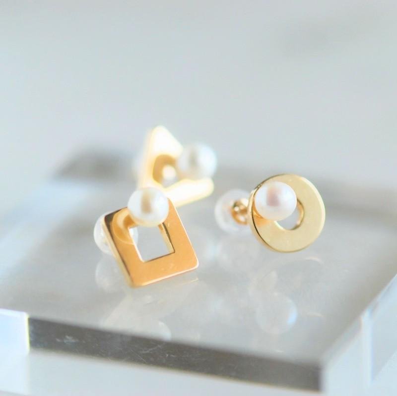 Round and round pearl earrings / 1 set of 3 pieces [Made-to-order] - Earrings & Clip-ons - Pearl Gold