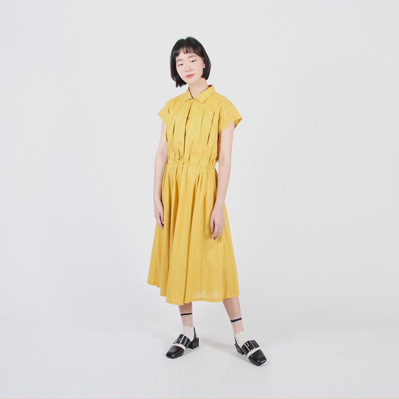 [Egg plant ancient] Sunshine, cotton and linen blended vintage dress - ชุดเดรส - ผ้าฝ้าย/ผ้าลินิน สีเหลือง