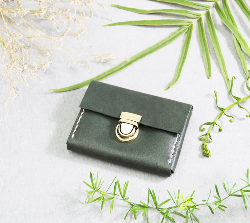 [Leather double-layer card coin purse/business card bag] European vegetable tanned cowhide/customized lettering/dark green - กระเป๋าใส่เหรียญ - หนังแท้ สีเขียว