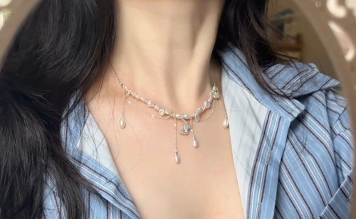 YuanPearl園珍手作 YuanPearl天然巴洛克珍珠項鍊紫色白色蝴蝶款設計款純銀項鍊小眾