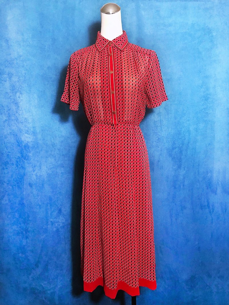 Vintage Plaid Short Sleeve Vintage Dress / Foreign Back to VINTAGE - ชุดเดรส - เส้นใยสังเคราะห์ สีแดง