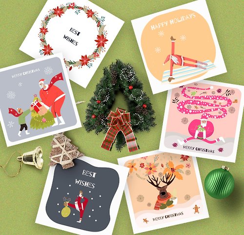 NataLyaroArt Christmas square greeting cards set, sporting Santa, reindeers, snowmen,