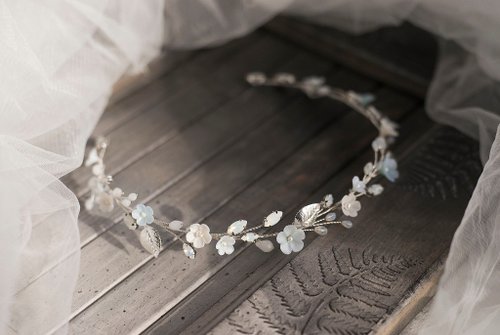 Kamael Shine Opal flower hair wreath, Bridal floral halo, Flexible wedding headband