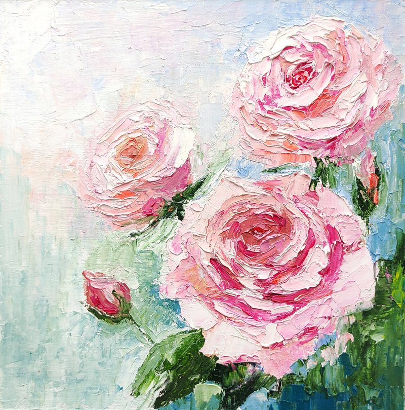 Pink Rose Floral Bouquet Original Oil Painting Flower Wall Art 手工油畫, 油畫原作 - โปสเตอร์ - วัสดุอื่นๆ หลากหลายสี