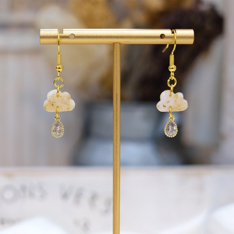 Rain Drop // ear needles and Clip-On handmade soft clay earrings - Earrings & Clip-ons - Clay Gold