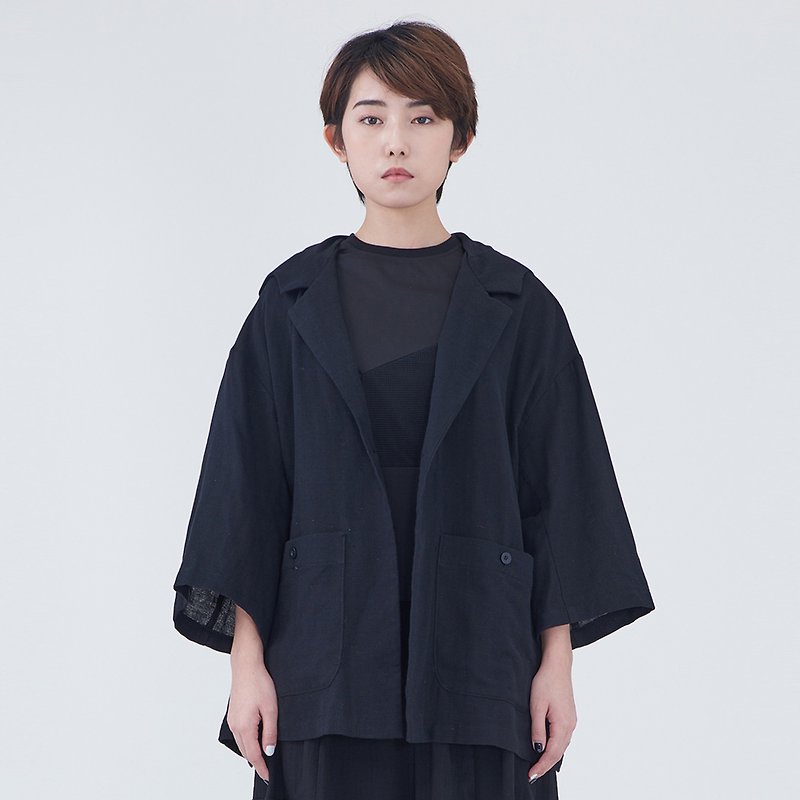 TRAN - Suit collar hooded jacket - เสื้อแจ็คเก็ต - ผ้าฝ้าย/ผ้าลินิน สีดำ