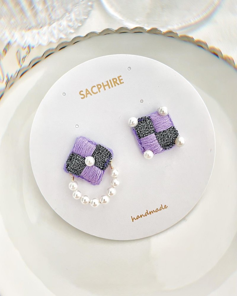 Checkered Embroidered Pearl Earrings Dreamy Romantic Whimsical Happy Charming - ต่างหู - งานปัก สีม่วง