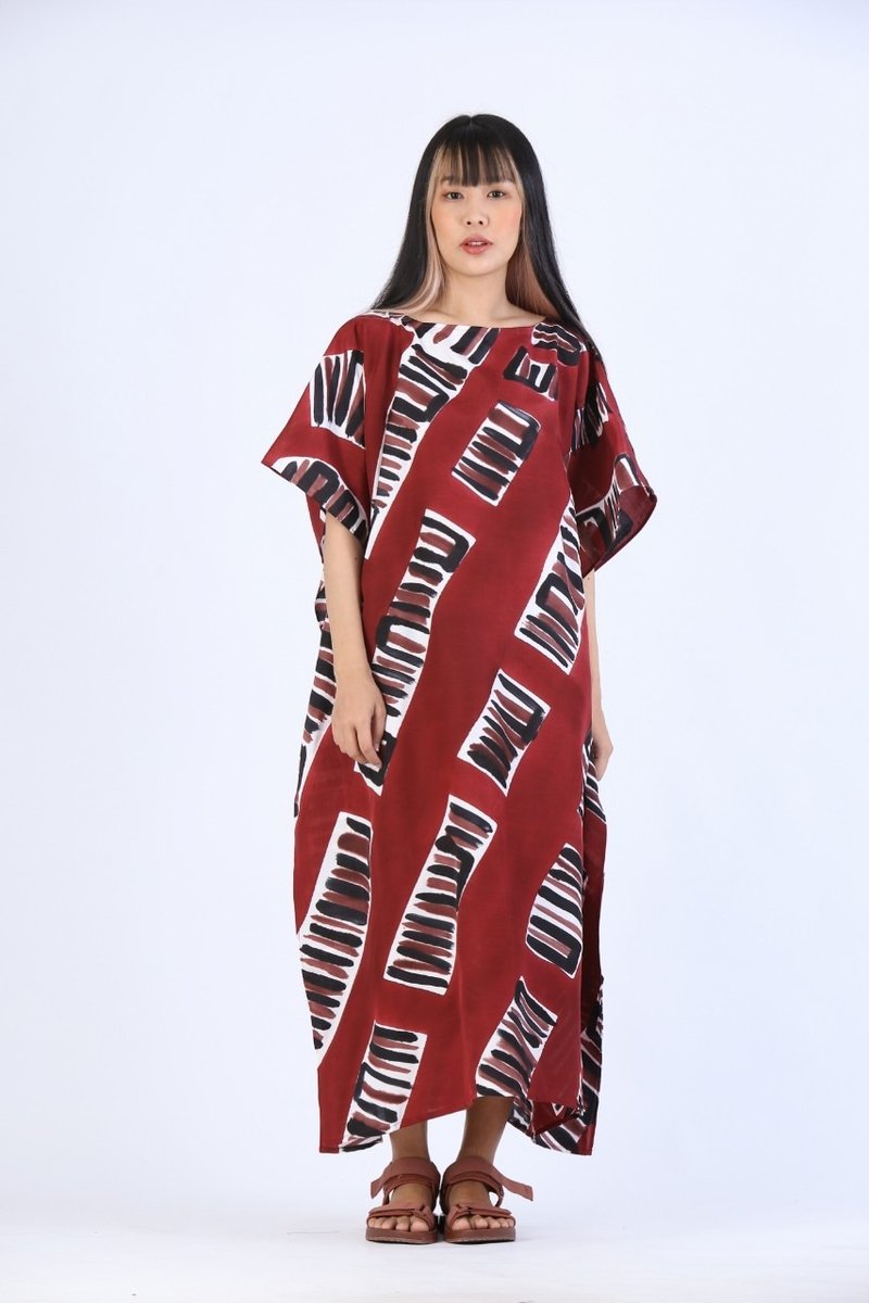 Hand Painted Cotton Silk Kaftan for Summer Resort Vacation- Free Size - 洋裝/連身裙 - 聚酯纖維 紅色