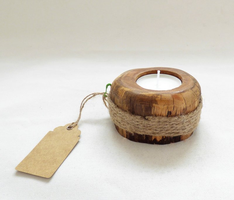 Oak & Linen Twist Handcrafted Country Rustic Folk Art Tealight Candle Holder - 擺飾/家飾品 - 木頭 咖啡色