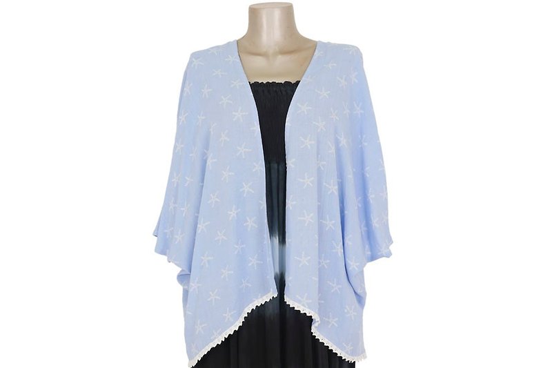 Star Fish Print Kimono Cardigan Light Blue - จัมพ์สูท - วัสดุอื่นๆ สีน้ำเงิน