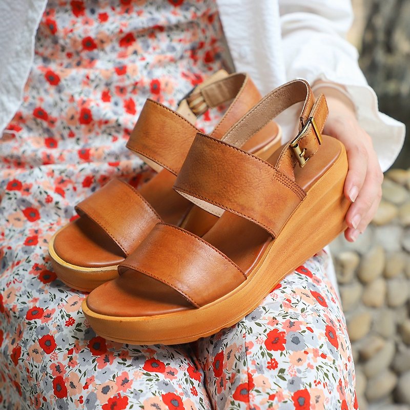 Handmade leather sandals thick-soled thick-heeled sandals with increased non-slip soles - รองเท้ารัดส้น - หนังแท้ สีนำ้ตาล