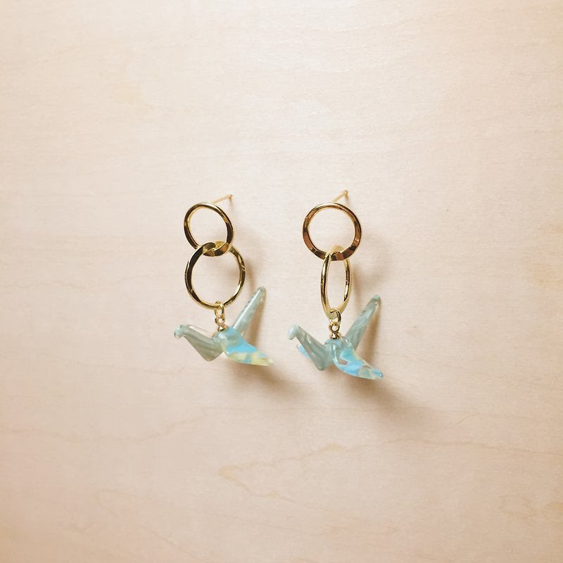 Retro Double Circle Japanese Green Paper Crane Earrings - Earrings & Clip-ons - Resin Green