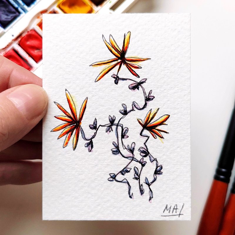 Hand-Painted Floral Aceo in Watercolor - Collectible Miniature Art Card - Wall Décor - Paper Multicolor