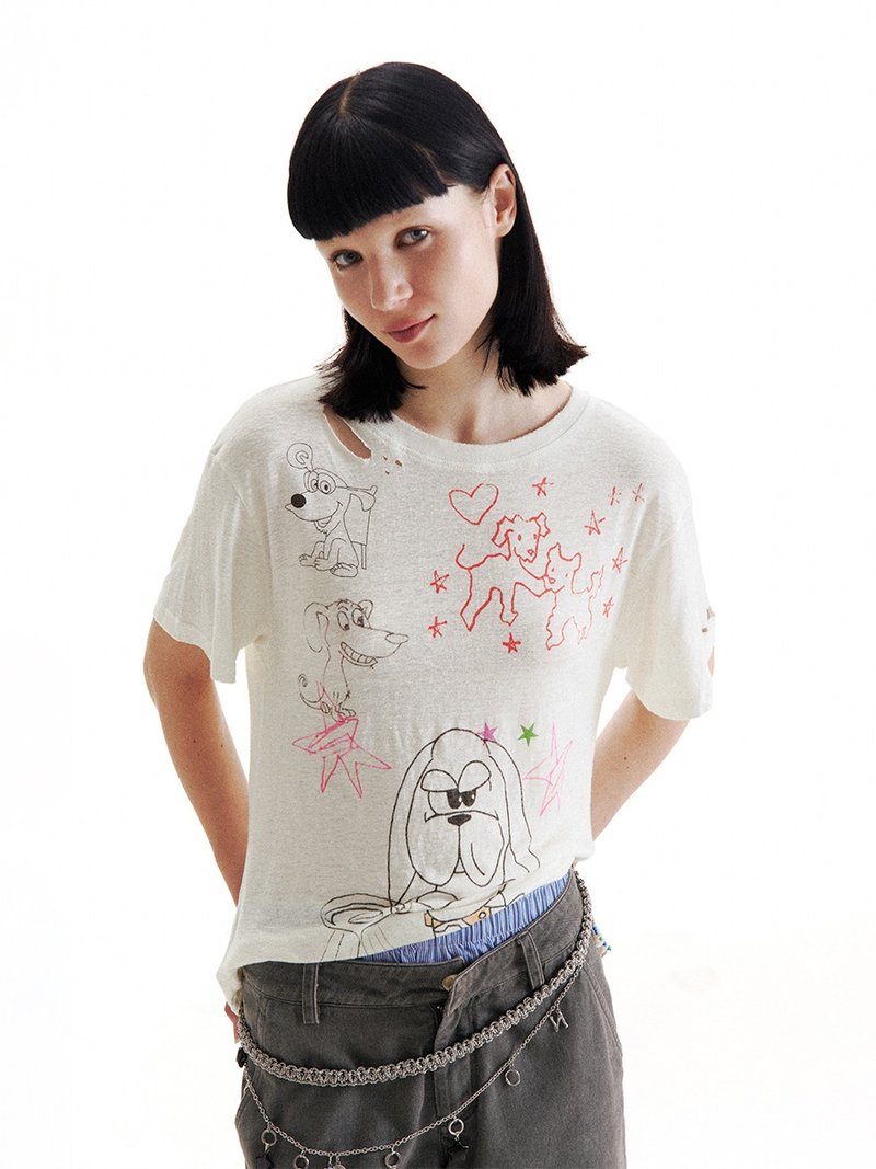 Security Guard Puppy Doodle T-shirt 保安小狗涂鴉短袖T恤 - 女 T 恤 - 其他材質 白色