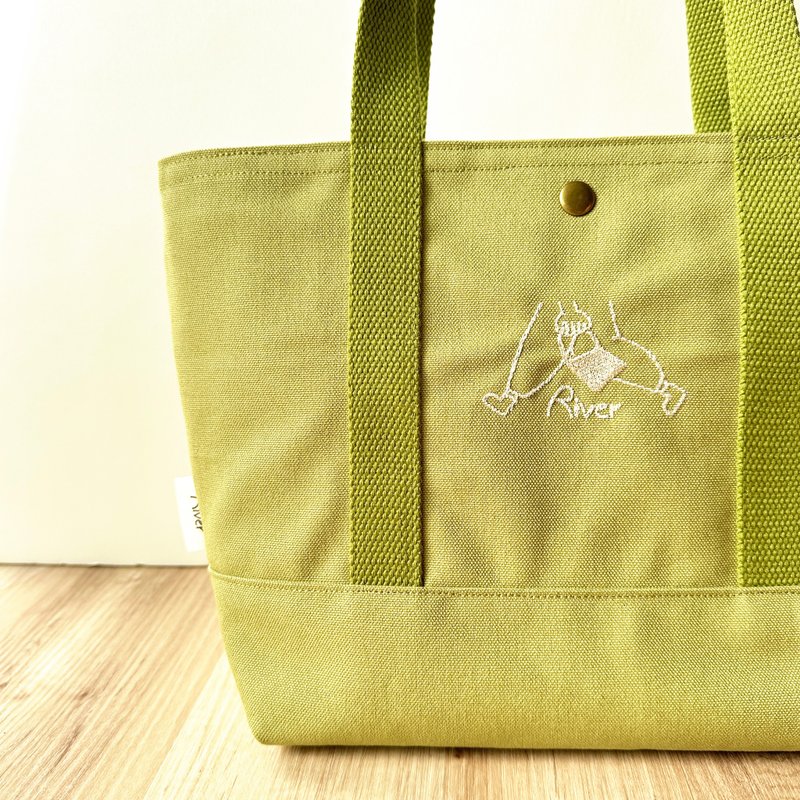 [River] Hand-held tote embroidered River bag/light grass green - Handbags & Totes - Cotton & Hemp Green