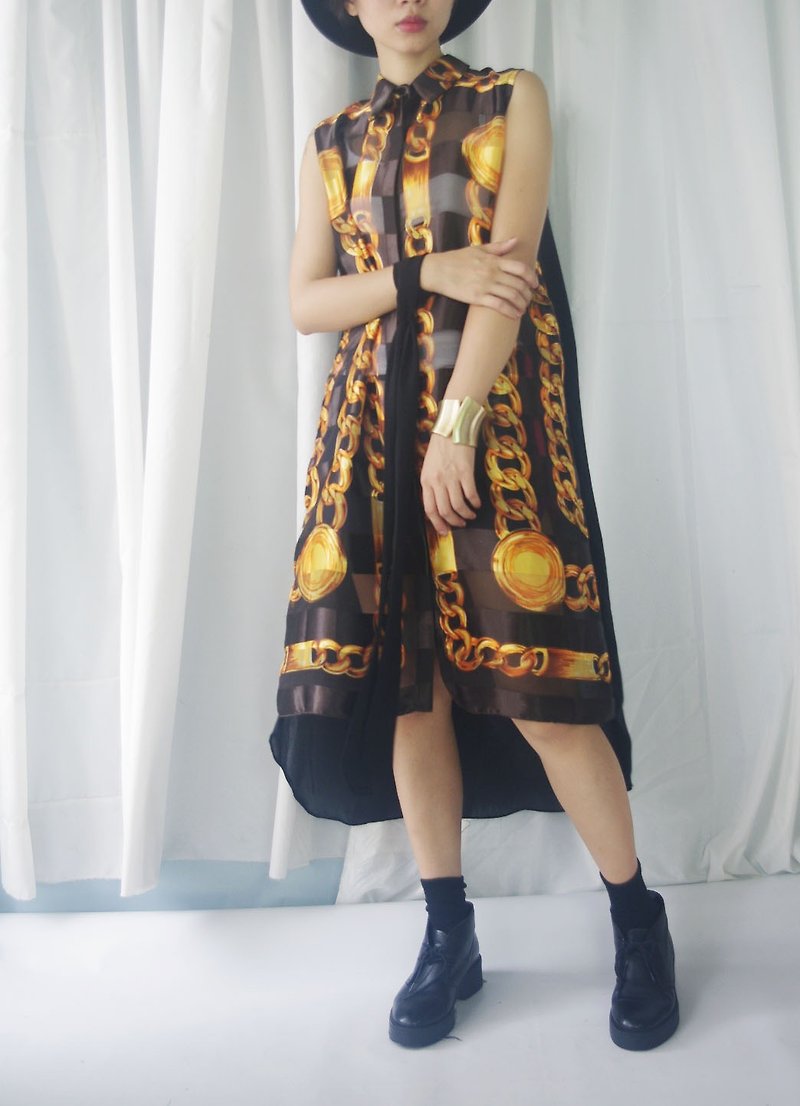 Design hand made - domineering gold chain wear translucent silk long shirt dress - One Piece Dresses - Silk Brown