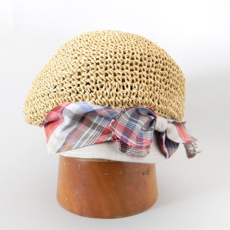 A cute news boy cap of popular summer material, a ribbon of hemp Madras check on the hemp that keeps cutting in the fine knit crown of the paper (part of the head). 【PL 1665 - Beige】 - Hats & Caps - Paper 