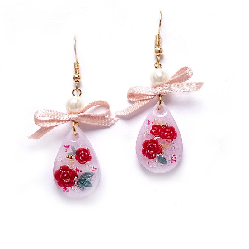 Limited  Japanese resin  Romantic rose carved flower earrings - ต่างหู - เรซิน หลากหลายสี