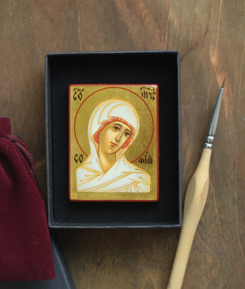 hand painted orthodox wood icon Saint Holy Martyr Sophia Religious pocket size - Other - Wood White