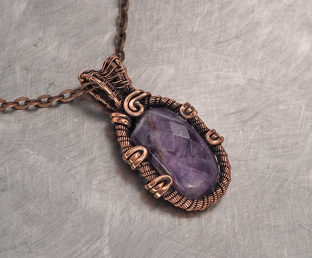 Faceted Amethyst Crystal Necklace Antiqued Copper Wire Wrapped Natural Gemstone 