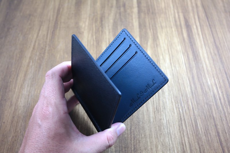 APEE leather handmade ~ banknote clip ~ cross fine lines ~ black / blue gray - Wallets - Genuine Leather Black