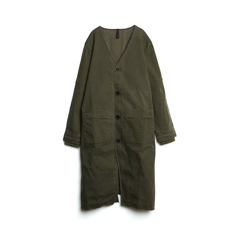 Military Long Coat - 男夾克/外套 - 棉．麻 綠色