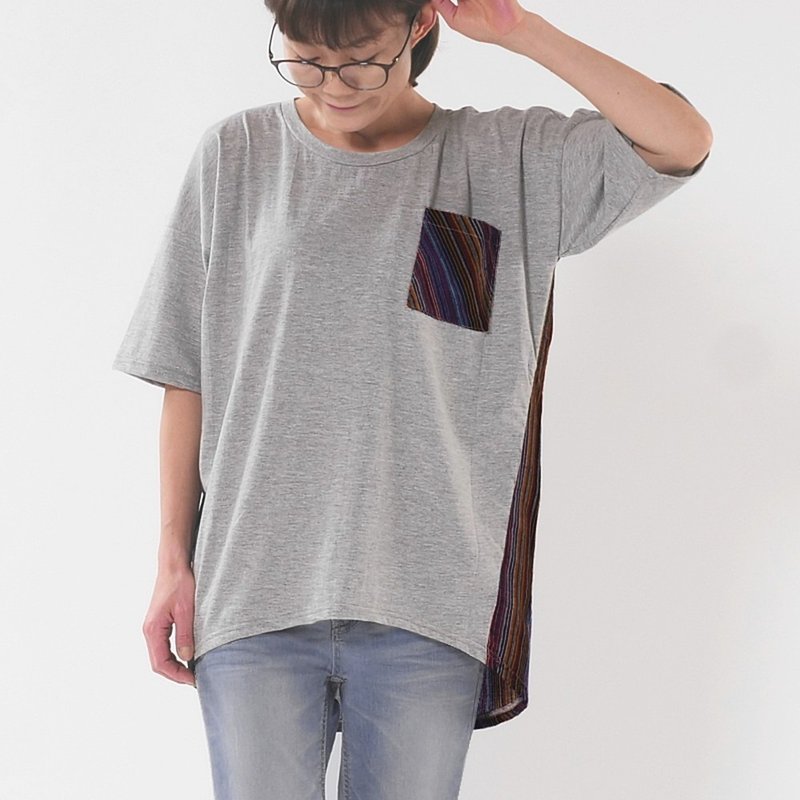 Striped switching, loose drop shoulder design, cut and sew, top, T-shirt, light gray, d-tp514 - เสื้อยืดผู้หญิง - ผ้าฝ้าย/ผ้าลินิน สีเทา