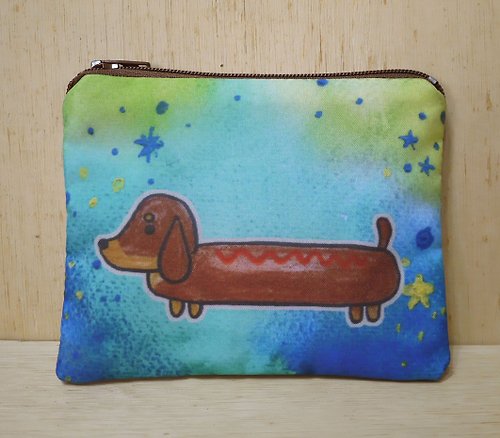 毛球工坊 {可客製化手寫名字}手繪渲染水彩風格圖案 紅棕色 巧克力色 臘腸狗 鑰匙包 零錢包 卡片包
