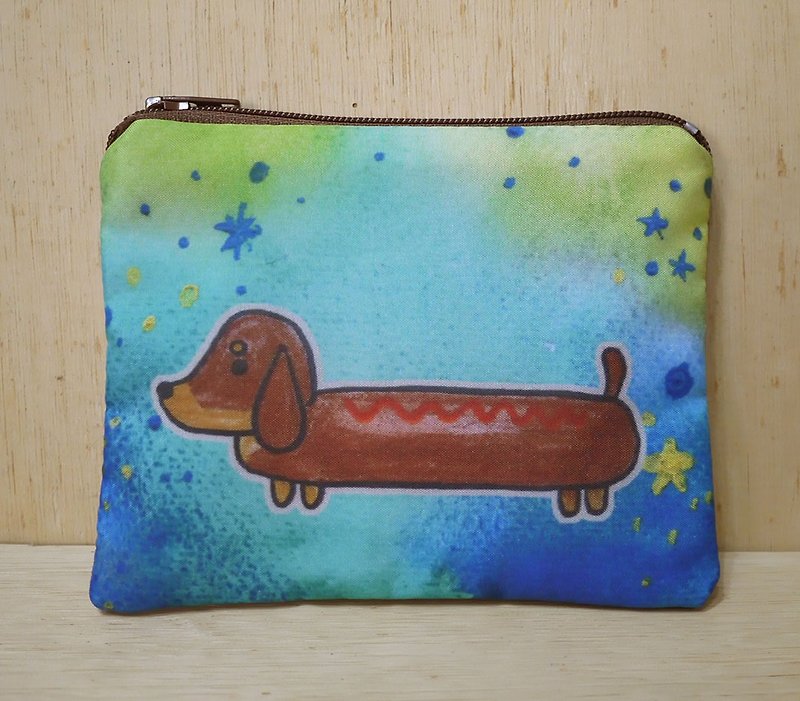 {可客製化手寫名字}手繪渲染水彩風格圖案 紅棕色 巧克力色 臘腸狗 鑰匙包 零錢包 卡片包 - 零錢包/小錢包 - 棉．麻 多色