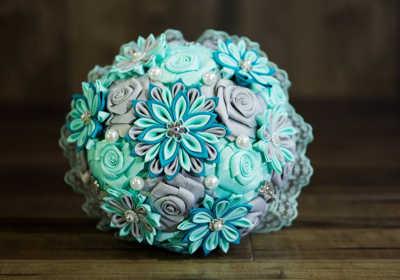 Aqua blue flower bouquet Brooch bouquet Kanzashi Japanese wedding bouquet Brida - อื่นๆ - วัสดุอื่นๆ สีน้ำเงิน