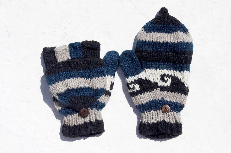 Christmas gift ideas gift exchange gift limited a hand-woven pure wool knit gloves / detachable gloves / bristle gloves / warm gloves (made in nepal) - blue deep sea wave totem - Gloves & Mittens - Wool Multicolor