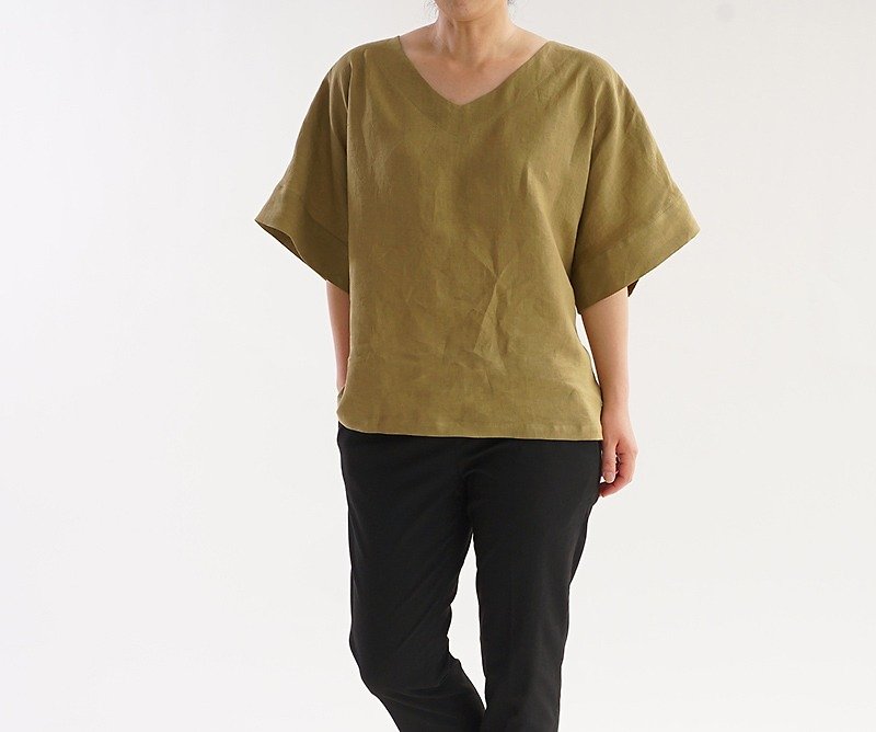 wafu - Lightweight Linen Wide-Sleeve Top / Yellow Oak t016b-kib1 - เสื้อยืดผู้หญิง - ลินิน สีส้ม