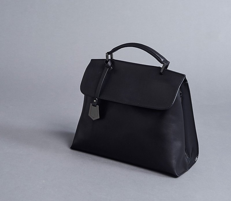 Side open magnetic buckle bat style handbag black - Handbags & Totes - Genuine Leather Black