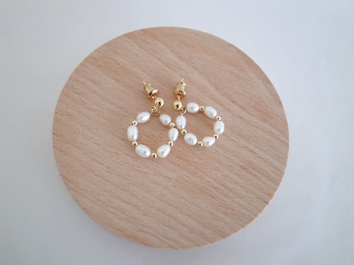 ChloMi 【耳環 】14K 注金 包金 珍珠花圈 珍珠耳環 夾式耳環 情人節禮物