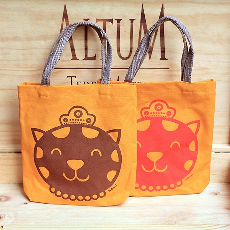 Cotton bag 招 Lucky cat small bag (coffee printing color) - กระเป๋าถือ - ผ้าฝ้าย/ผ้าลินิน สีส้ม