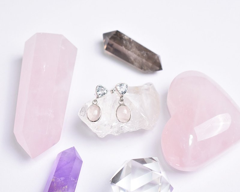 Heart-shaped aquamarine and rose quartz silver 925 earrings - ต่างหู - เครื่องเพชรพลอย สึชมพู