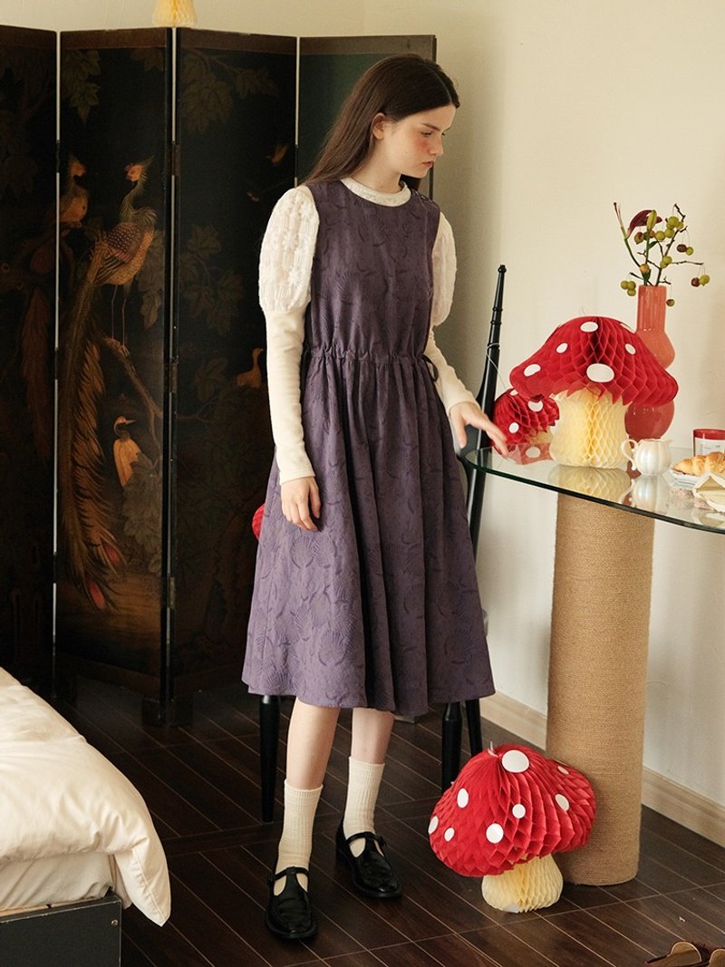 Mintcheese Retro Girl Bird Feather Purple Hemp Cotton Jacquard Tank Top Skirt - ชุดเดรส - ผ้าฝ้าย/ผ้าลินิน สีม่วง