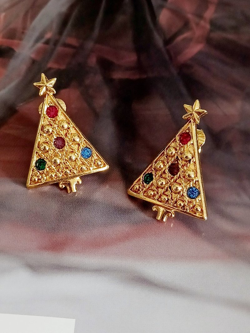 vintage jewelry classic gold rhine Christmas tree clip-on earrings - ต่างหู - โลหะ 