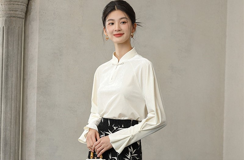 New Chinese style Chinese style water drop collar cuffs pleated buttoned velvet top - Women's Tops - Other Materials White