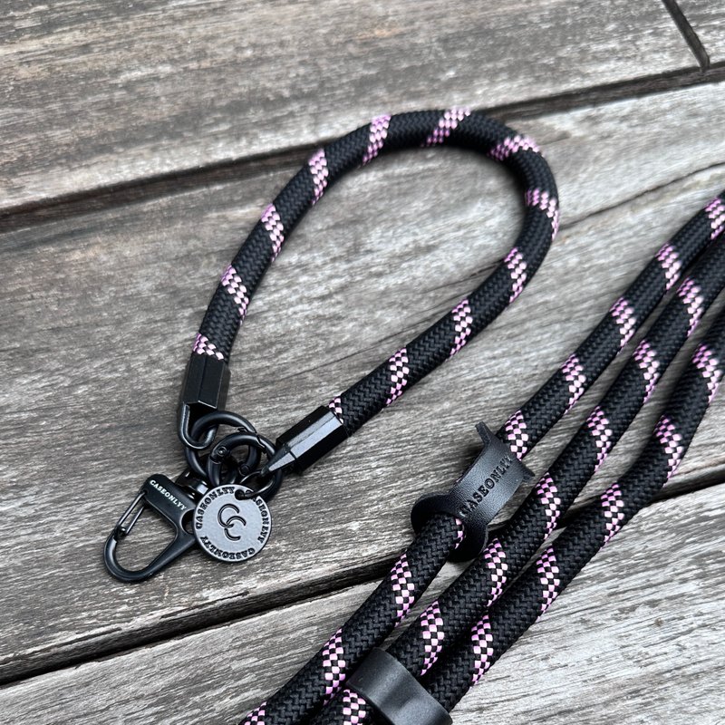 【10mm】Pink and black rope mountain style portable wrist lanyard with transparent clip - Phone Accessories - Nylon Black