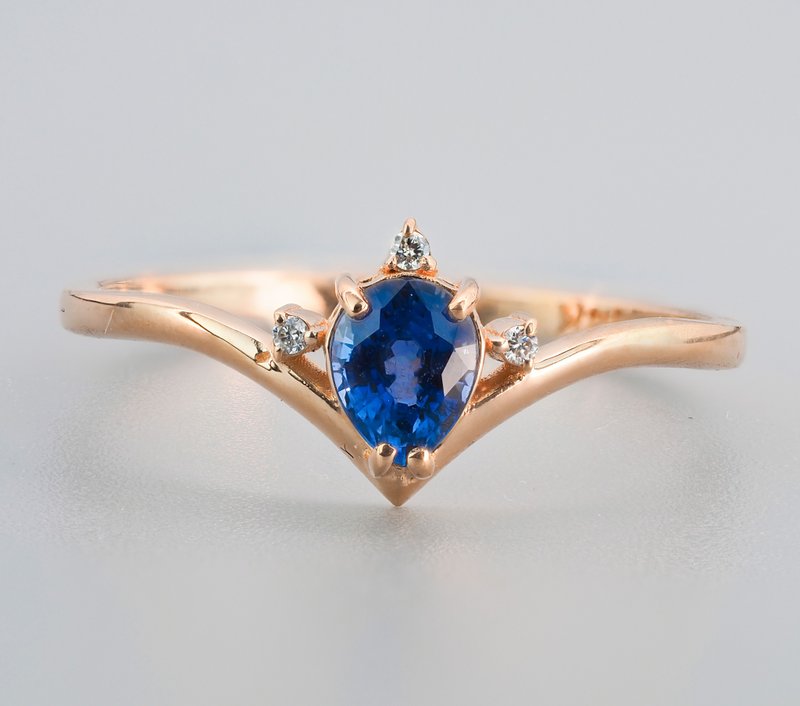 14k gold ring with sapphire and diamond - 戒指 - 貴金屬 金色